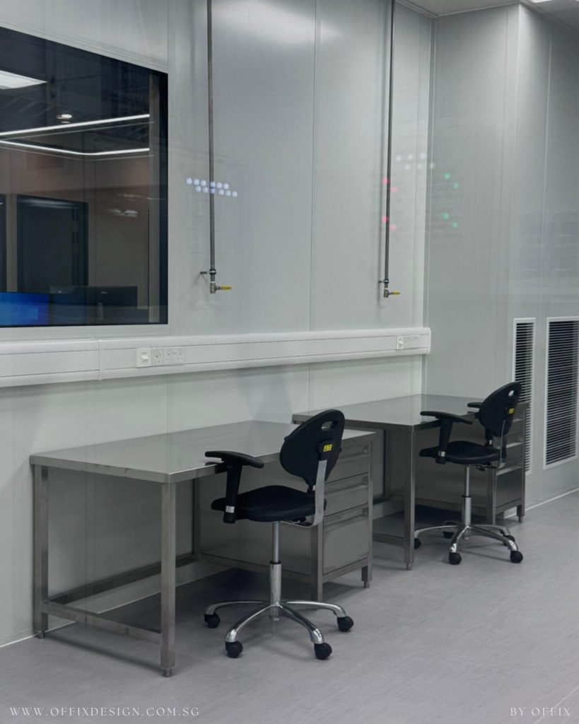Completed cleanroom support area with workbench and wall vents